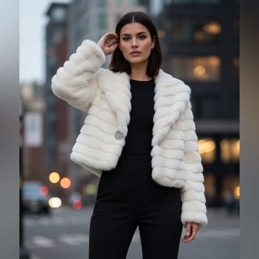 Cache Luxe Elegant White Faux Fur Jacket